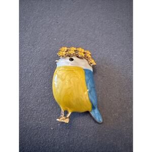NWT Spring Yellow Bird w/flowers vintage style Brooch enamel on gold tone metal